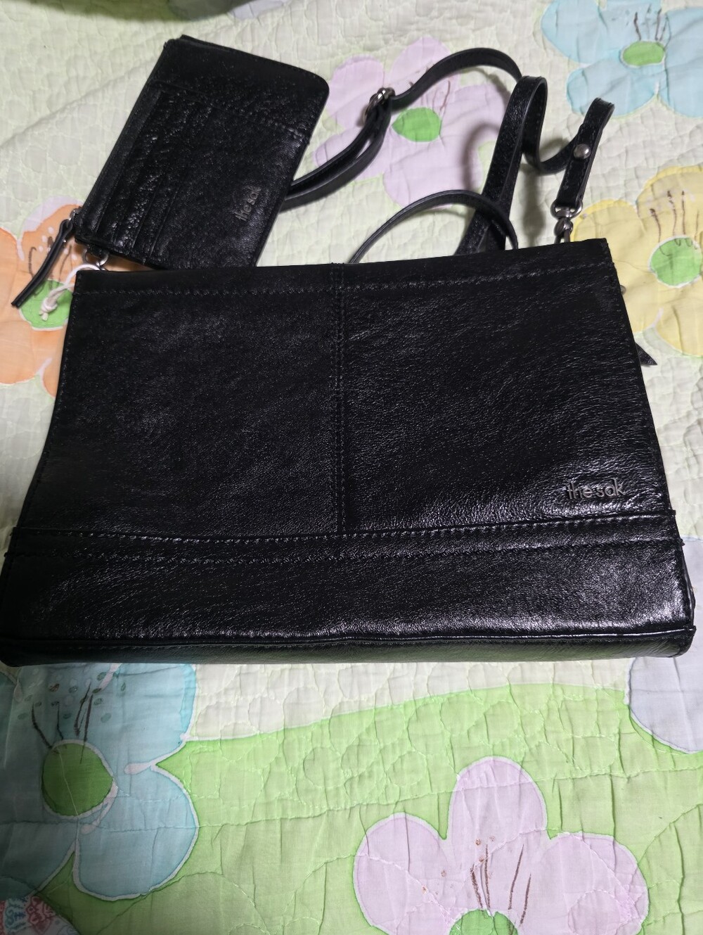 Black Leather minimalist Crossbody with Zip Card Wallet NWOT by the Sak